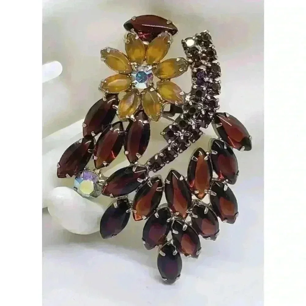 Vintage Rhinestone Brooch Citrine Flower Brown Open Back AB Drama Statement